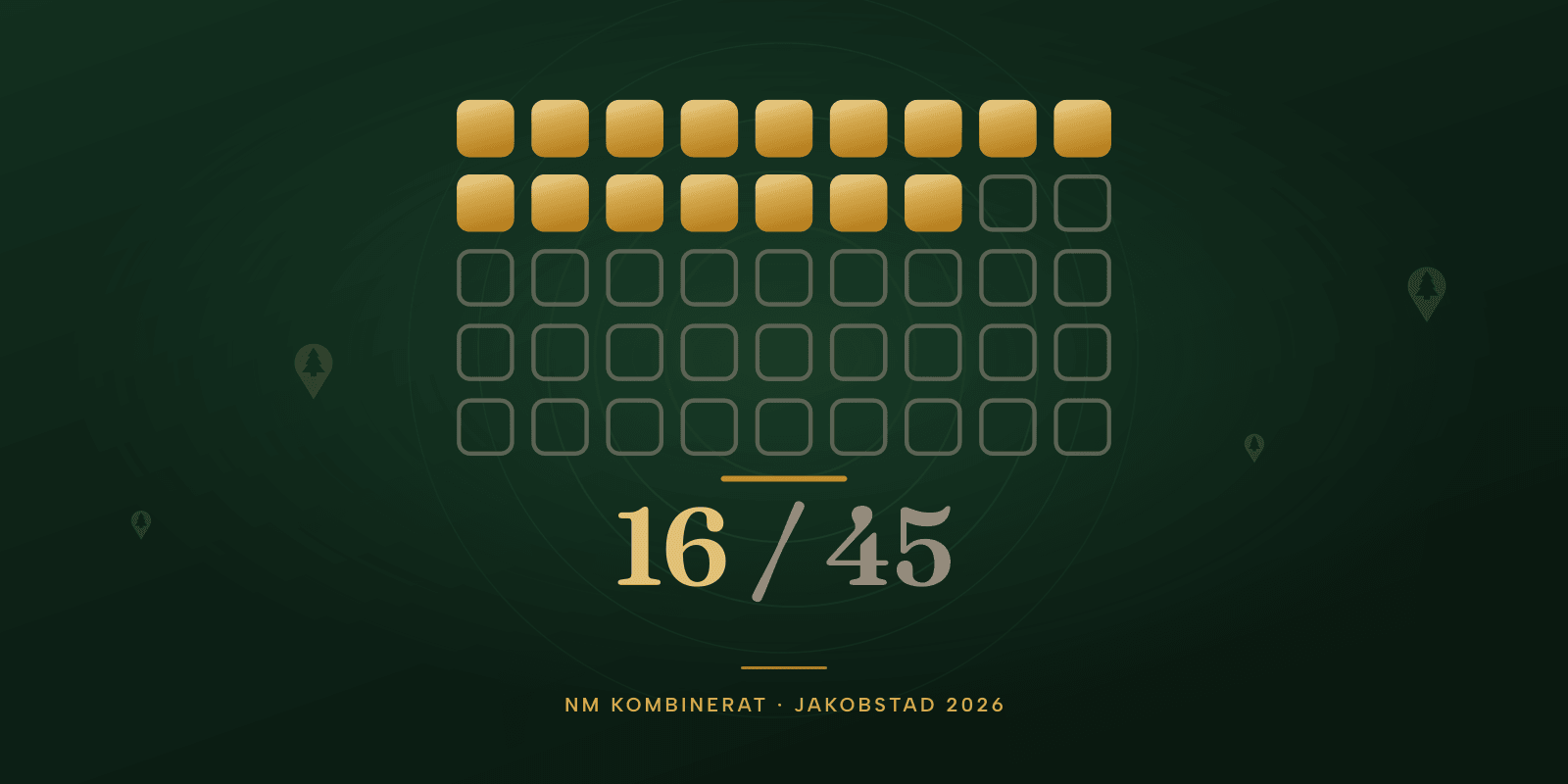 Rutnät med 45 startplatser där 16 är fyllda