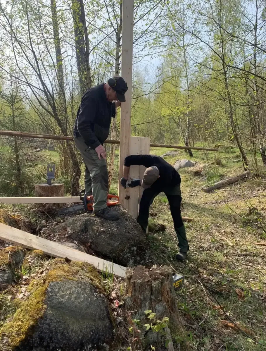 Två funktionärer bygger ett markörskydd av plank ute i terrängen