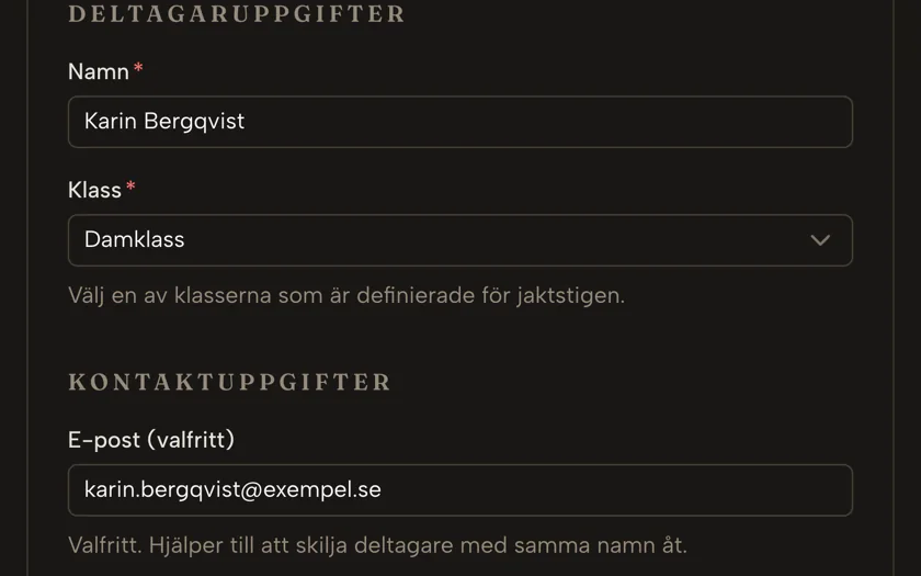 Deltagarformuläret ifyllt med namn, klass och kontaktuppgifter för en anmäld skytt.