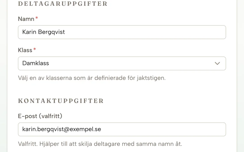 Deltagarformuläret ifyllt med namn, klass och kontaktuppgifter för en anmäld skytt.