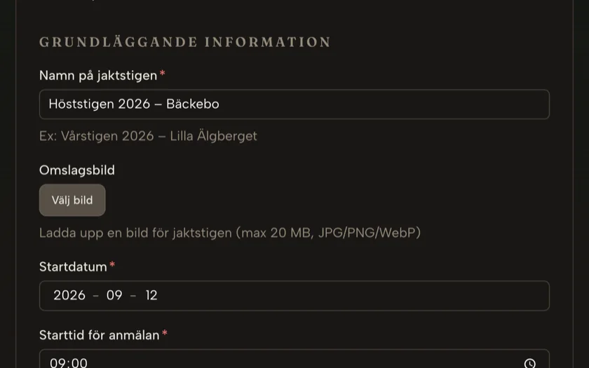 Annonseringsformuläret ifyllt med namn, startdatum och starttid för Höststigen 2026 i Bäckebo.