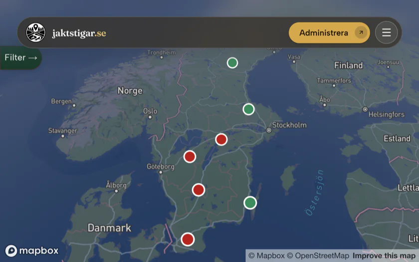 Karttjänsten på jaktstigar.se med publicerade jaktstigar utmärkta över hela Sverige.