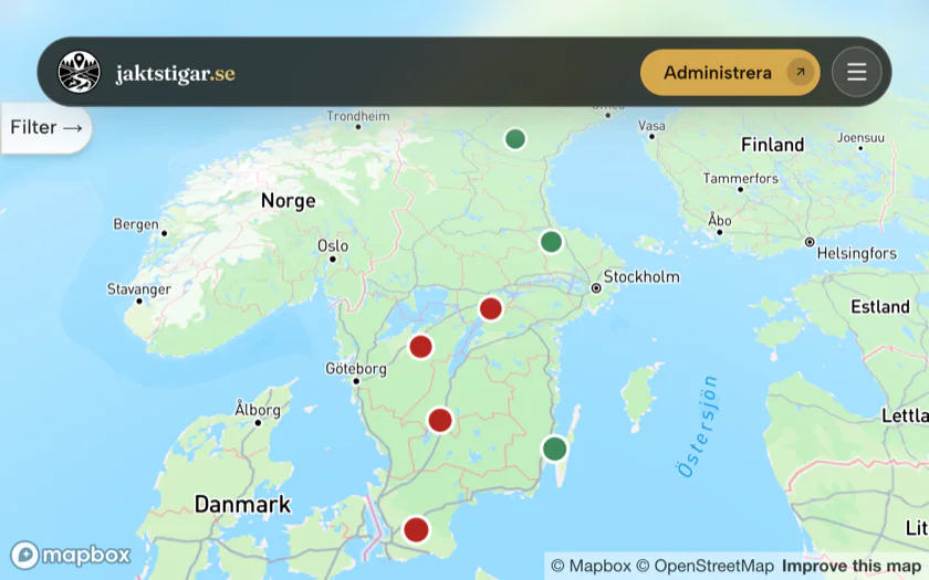 Karttjänsten på jaktstigar.se med publicerade jaktstigar utmärkta över hela Sverige.