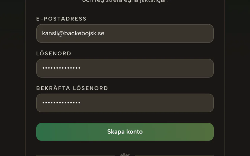 Formuläret för att skapa ett konto på jaktstigar.se, med e-post och lösenord ifyllt.