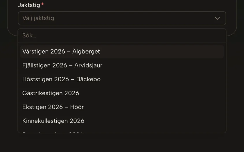 Rullgardinen där arrangören väljer vilken av sina jaktstigar deltagaren ska kopplas till.