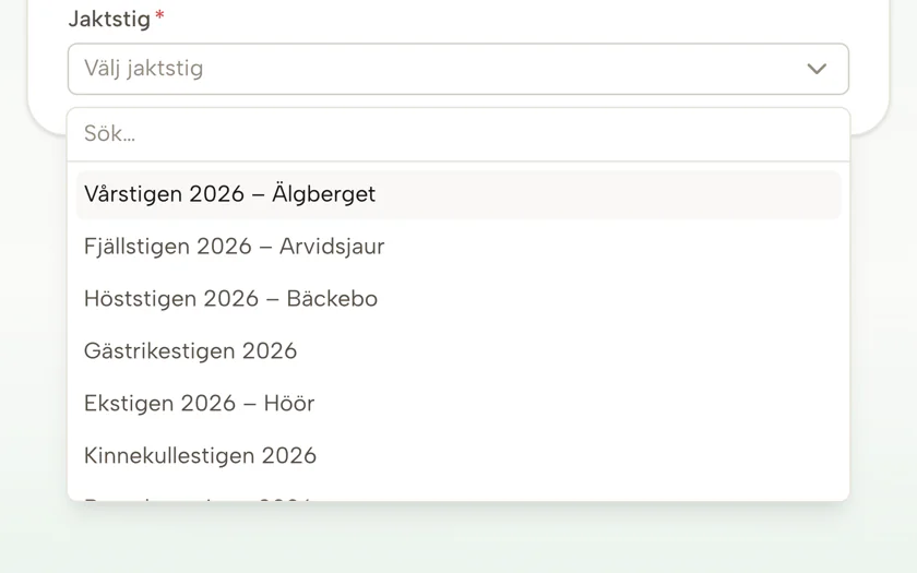 Rullgardinen där arrangören väljer vilken av sina jaktstigar deltagaren ska kopplas till.